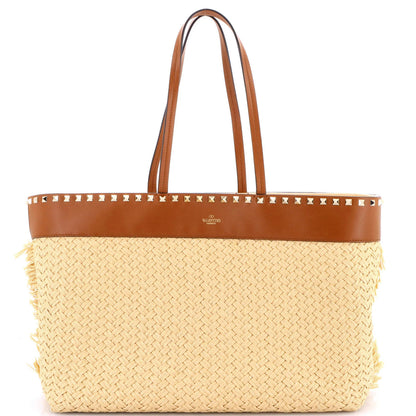 Valentino Garavani Rockstud Shopping Tote Raffia With Leather Large