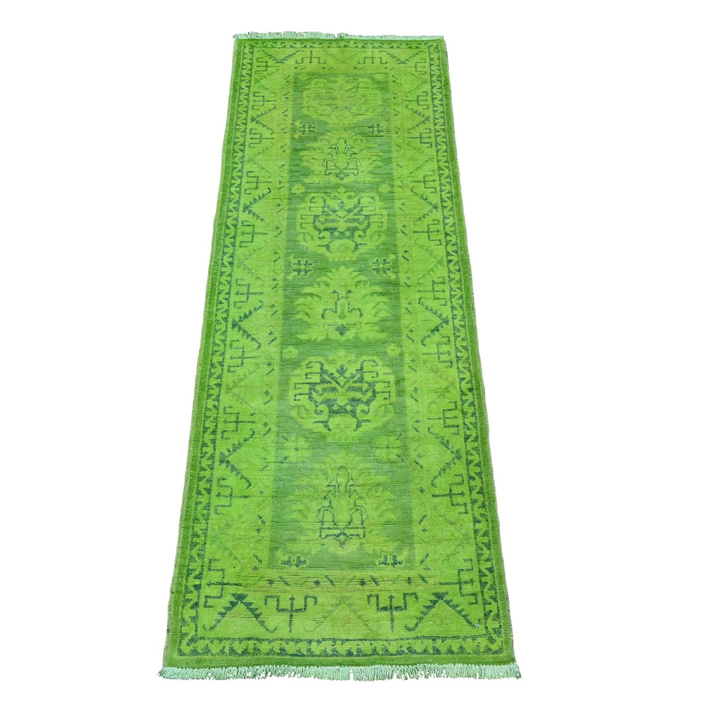2'X5'5" Green Overdyed Kazak Tribal Design Wool Hand Knotted Runner Rug
