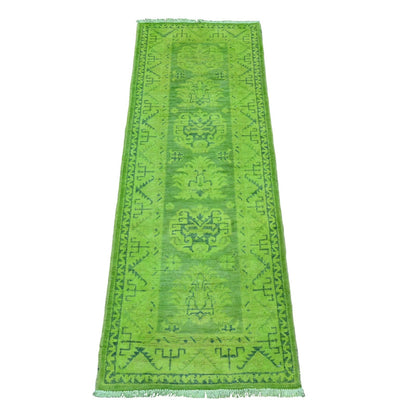 2'X5'5" Green Overdyed Kazak Tribal Design Wool Hand Knotted Runner Rug