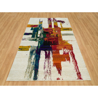 6'1"X9' Sandstone Ivory Hand Knotted Abstract Design Wool And Silk Rug
