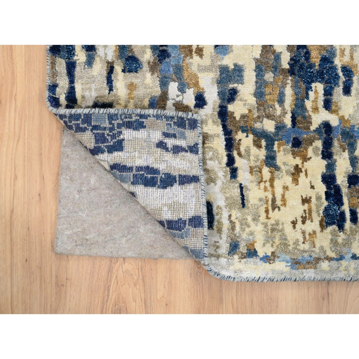 2'6"X8' Denim Blue Mosaic Design Wool And Silk Hand Knotted Runner Rug