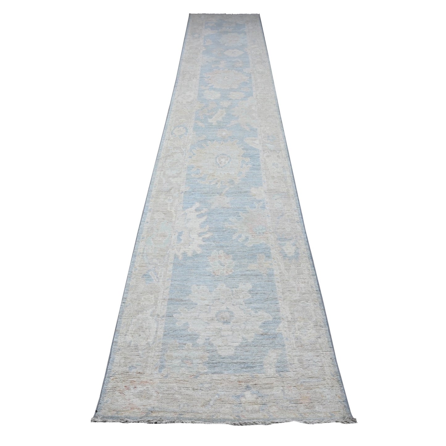 2'7"X15'3" Queen Blue Hand Knotted Angora Oushak Xl Runner Oriental Rug