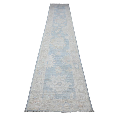 2'7"X15'3" Queen Blue Hand Knotted Angora Oushak Xl Runner Oriental Rug