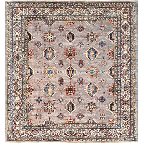 9'9"X9'9" Silver Pink Afghan Super Kazak Wool Hand Knotted Square Rug
