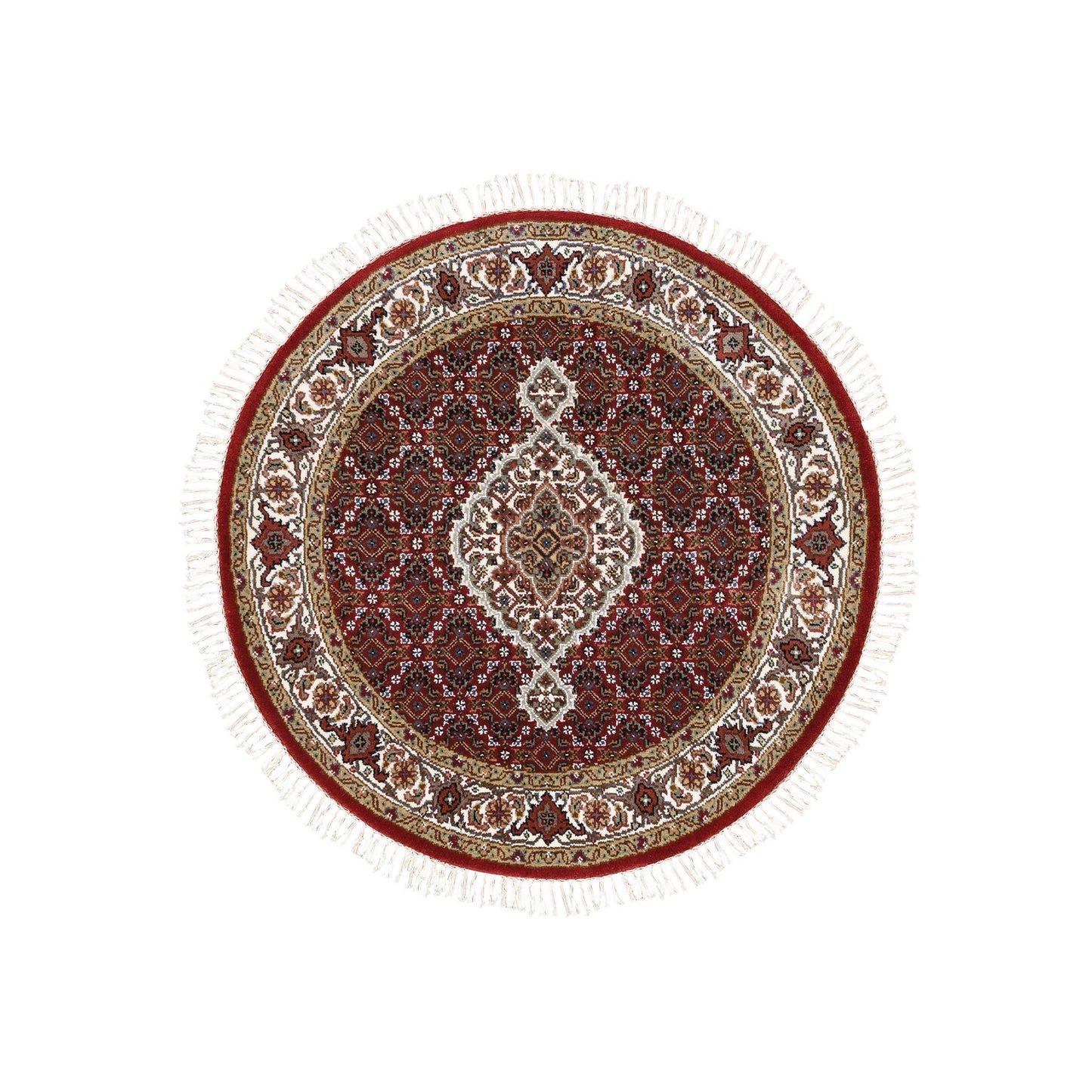 3'4"X3'4" Red Wool And Silk Fish Design Tebraz Mahi Handknotted Round Rug