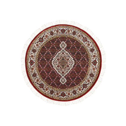 3'4"X3'4" Red Wool And Silk Fish Design Tebraz Mahi Handknotted Round Rug