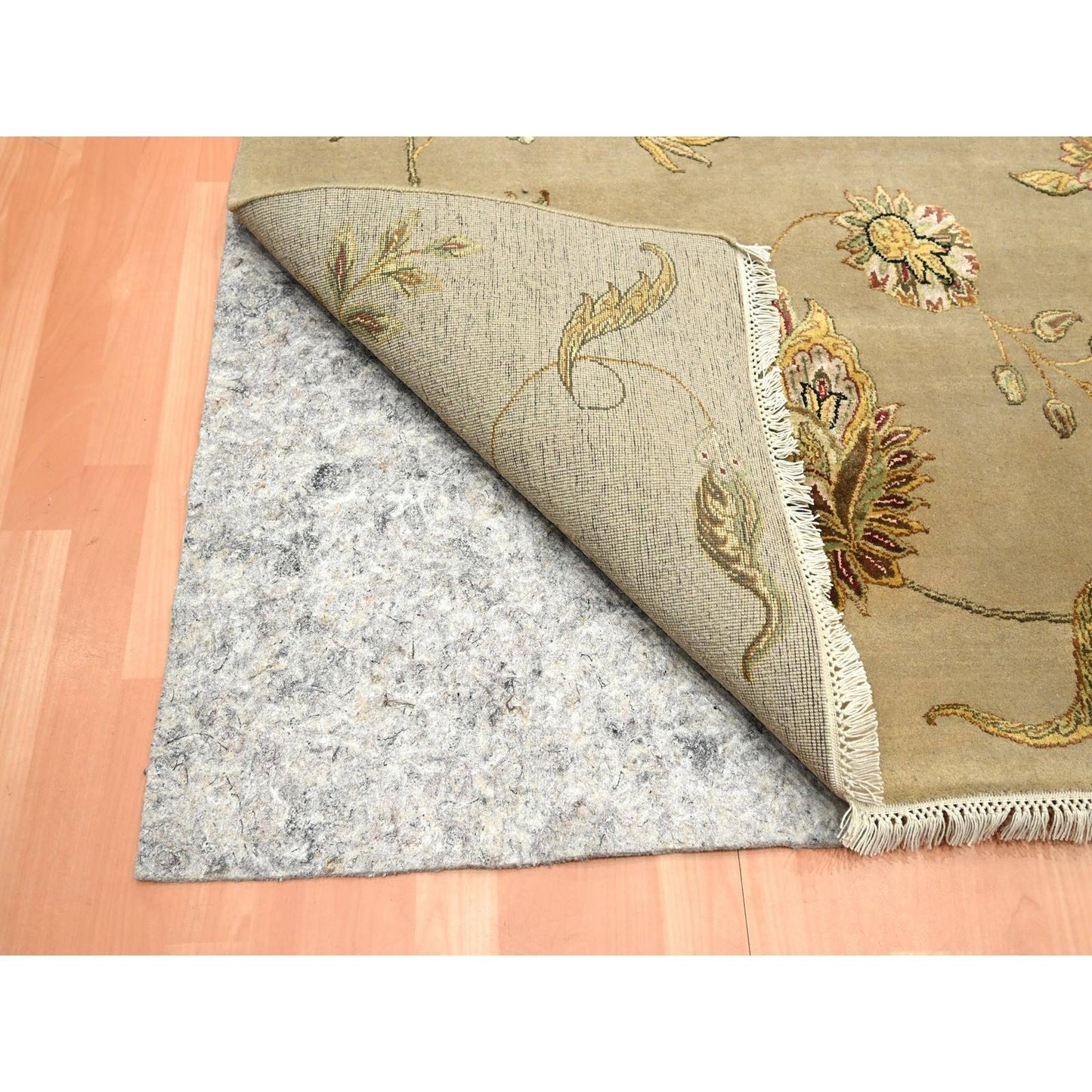 8'X10' Ecru Brown Wool & Silk Botanical Design Hand Knotted Oriental Rug
