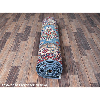 3'4"X19'6" Blue Kazak Geometric Design Soft Wool Hand Knotted Runner Rug
