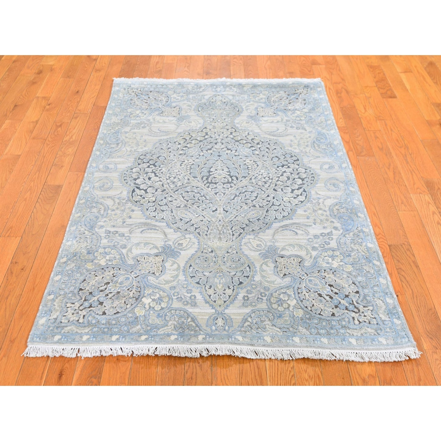 4'X6'3" Tree Of Life Meditation Design Silk With Text Wool Hand Made Rug