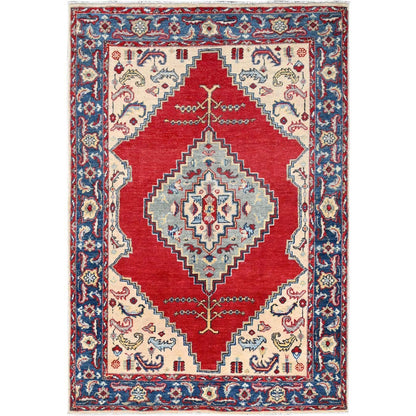 3'10"X5'8" Ivory Hand Knotted Kazak Densely Woven Wool Oriental Rug