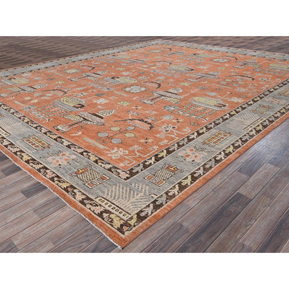 12'1"X14'6" Orange Khotan And Samarkand Design Hand Knotted Soft Wool Rug
