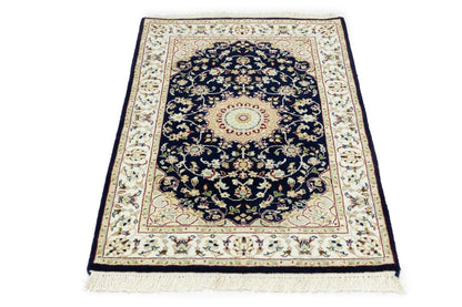 Indo-Nain Floral Rug Dark Navy 3X4 ft Entryway Kitchen Carpet