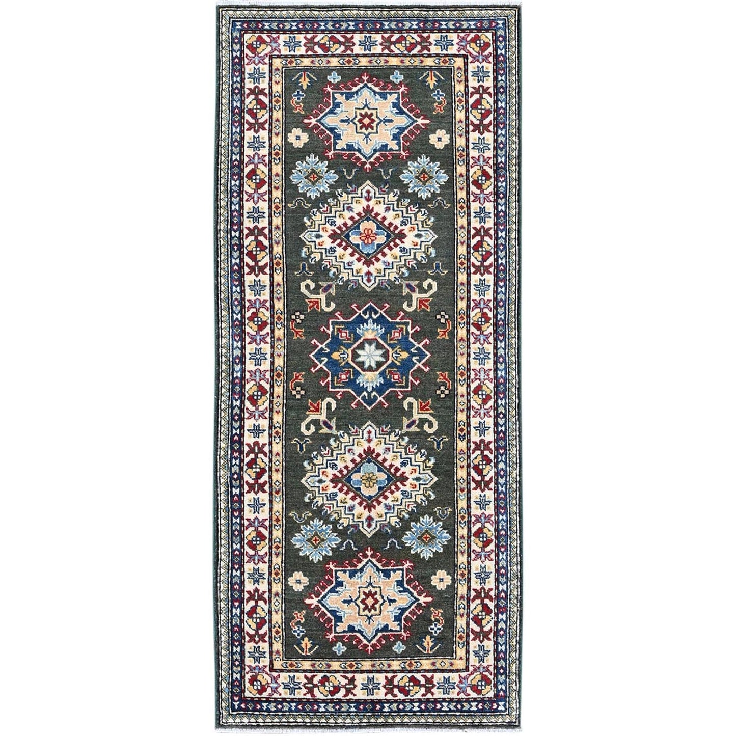 2'8"X6'5" Green Kazak With Geometric Design Wool Hand Knotted Runner Rug