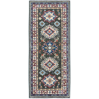 2'8"X6'5" Green Kazak With Geometric Design Wool Hand Knotted Runner Rug