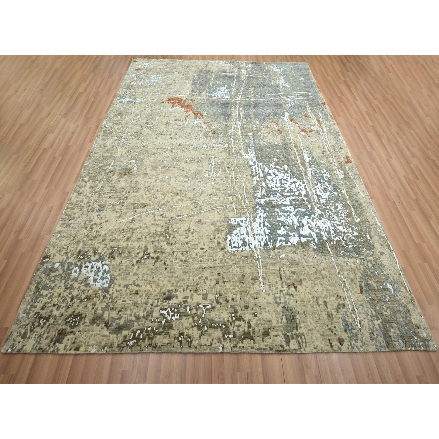 7'10"X10'2" Beige Pure Wool Abstract With Galaxy Design Hand Knotted Rug
