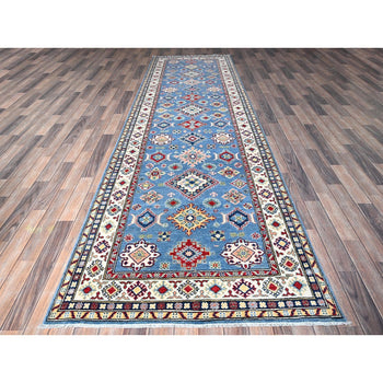 4'X13' Blue Kazak With Geometric Design Hand Knotted Soft Wool Runner Rug