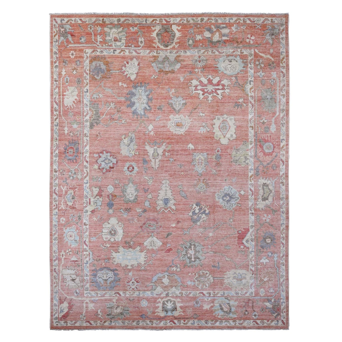 9'X11'9" Red All Wool Afghan Angora Oushak Floral Design Hand Knotted Rug
