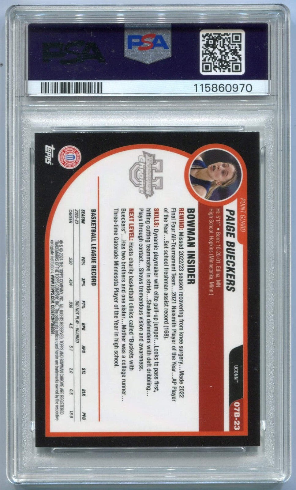 Paige Bueckers 2023 Bowman U Chrome 2007-08 Bowman Rc #07B-23 Psa Graded 10
