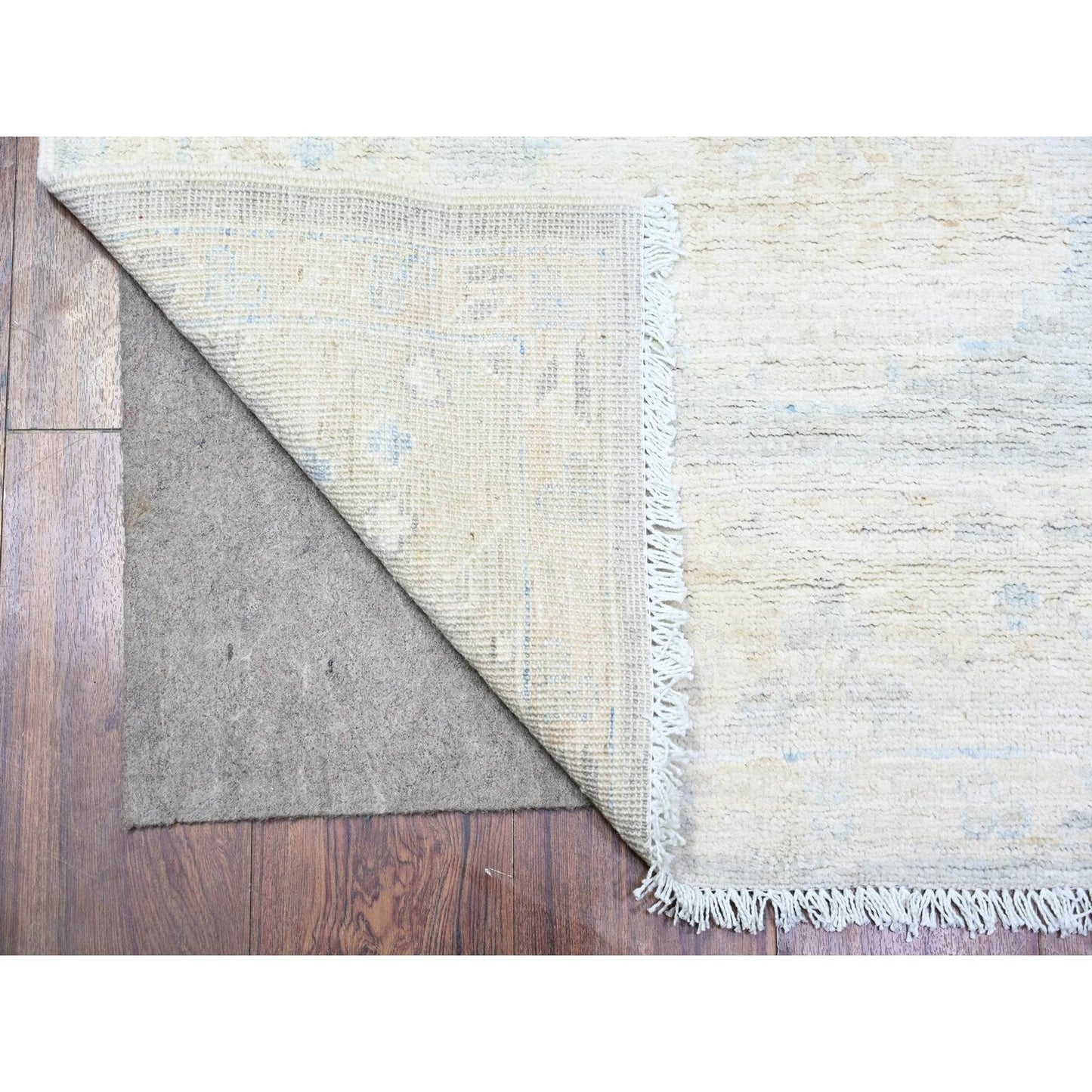 3'1"X12' Blue Gray White Wash Peshawar Shiny Wool Hand Knotted Runner Rug