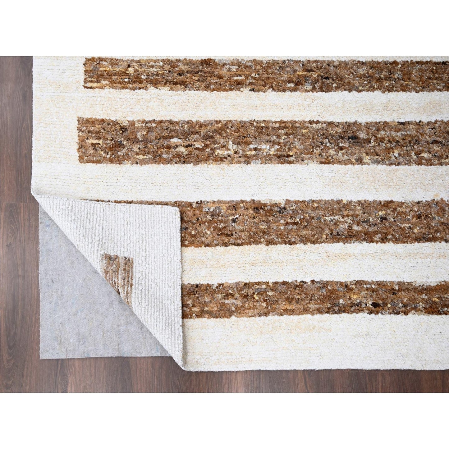 8'2"X9'10"Brown Wool Minimalist Stripe Design Hand Knotted Oriental Rug