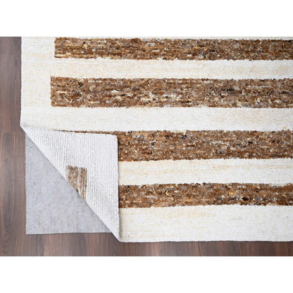 8'2"X9'10"Brown Wool Minimalist Stripe Design Hand Knotted Oriental Rug