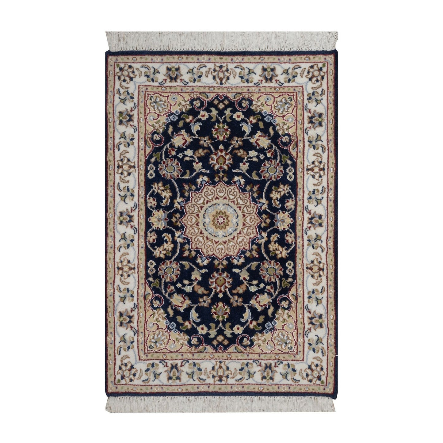 2'1"X3'2" Navy Nain Medallion Design Wool And Silk Hand Knotted Mat Rug