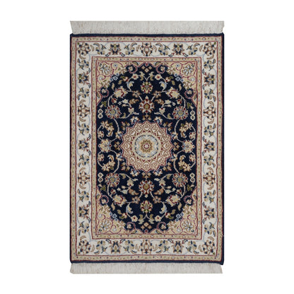 2'1"X3'2" Navy Nain Medallion Design Wool And Silk Hand Knotted Mat Rug