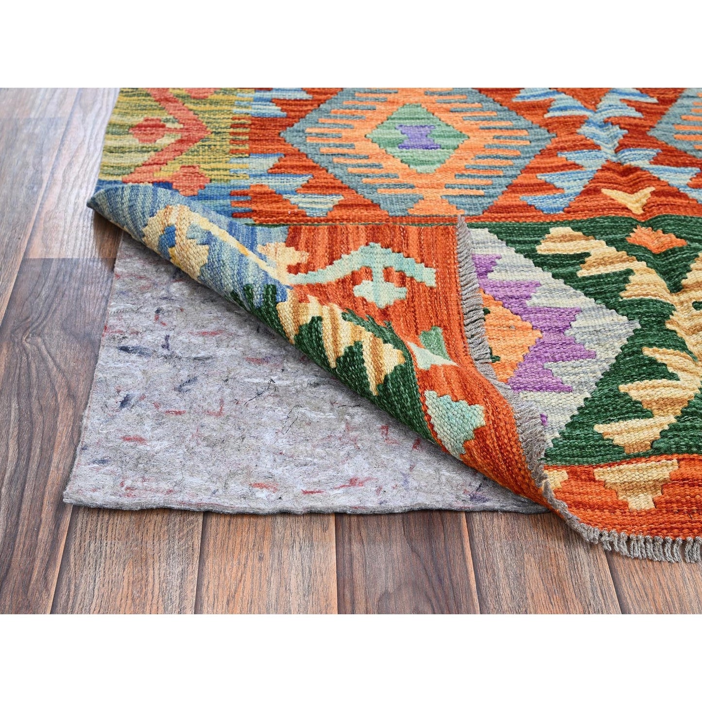 3'7"X5' Orange Flat Weave Afghan Kilim Pure Wool Hand Woven Reversible Rug