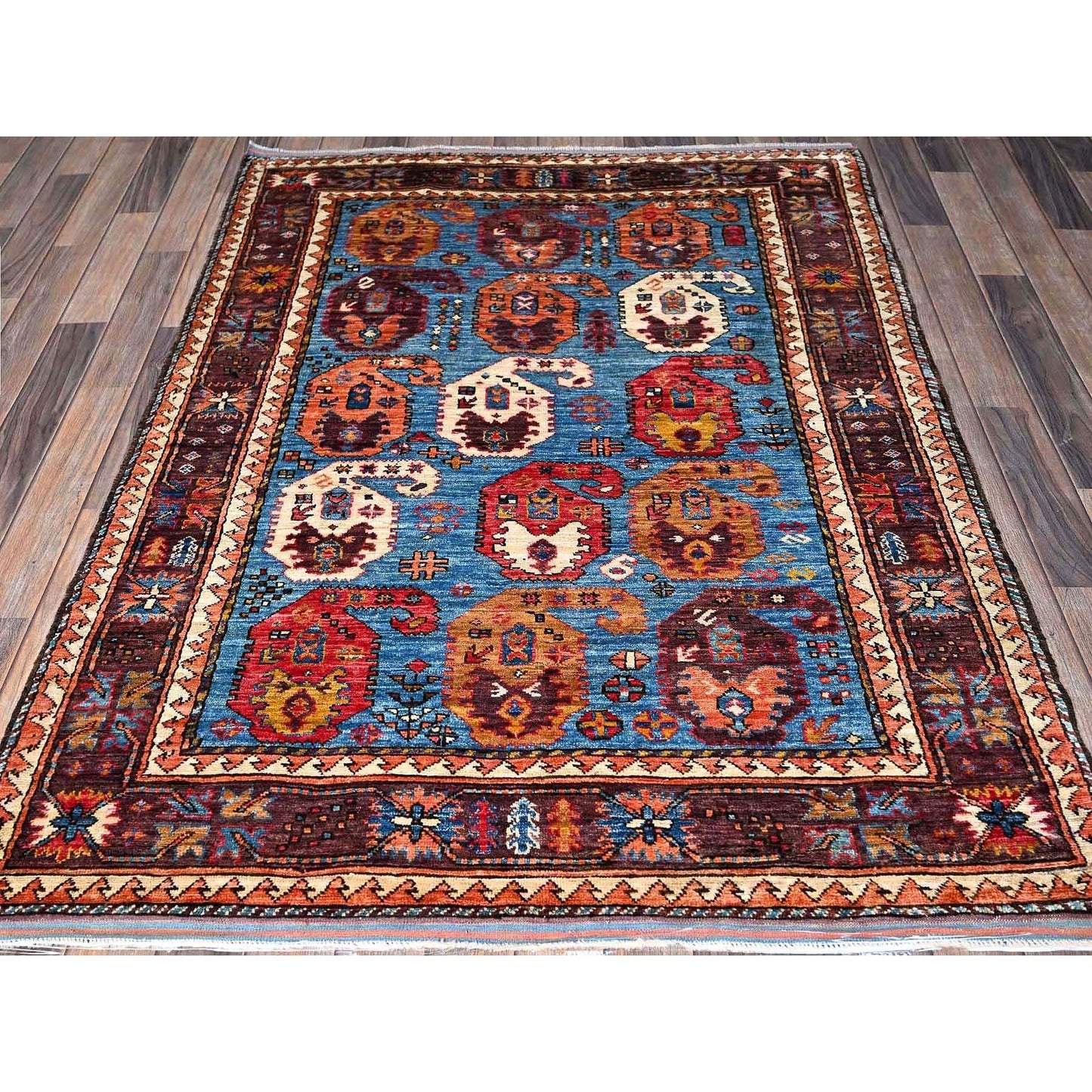 4'5"X5'10" Blue Afghan Caucasian Design Revival Hand Knotted Soft Wool Rug