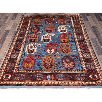4'5"X5'10" Blue Afghan Caucasian Design Revival Hand Knotted Soft Wool Rug