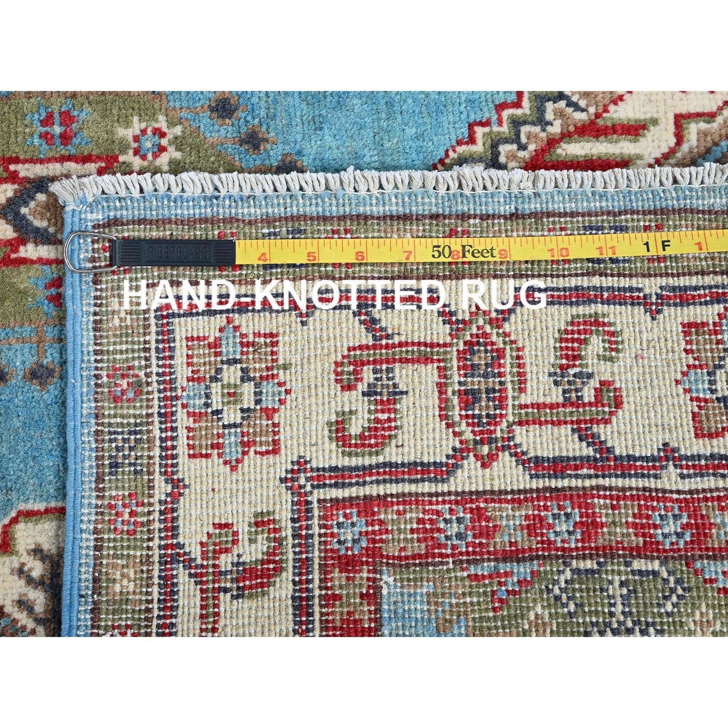 4'X6' Blue Kazak With Geometric Medallion Design Hand Knotted Soft Wool Rug