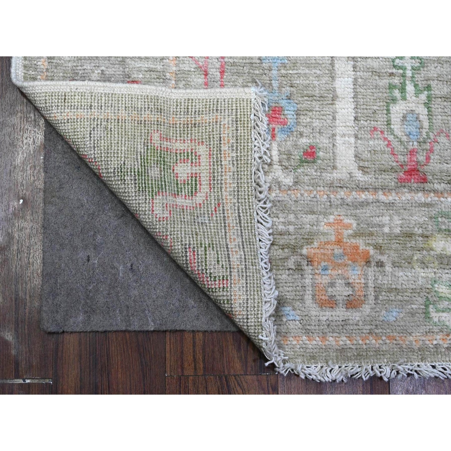 3'X8'1" Camouflage Green Runner Angora Oushak Hand Knotted Oriental Rug