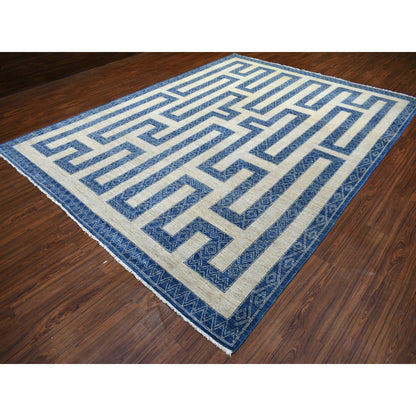 9'2"X11'9" Denim Blue Maze Design Berber Influence Hand Knotted Wool Rug
