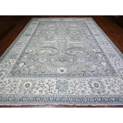 11'6"X15' Mineral Deposit Gray Sickle Leaf Design Pure Wool Oversized Rug