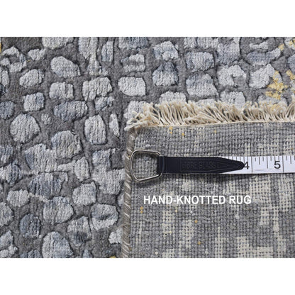 3'2"X9'10" Gray Zoroastrian Design Wool And Silk Runner Hand Knotted Rug