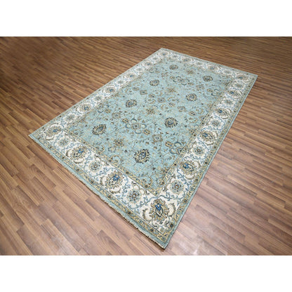 6'X9'1" Baby Blue Hand Knotted Agra Shah Abbas Vines Design Pure Wool Rug