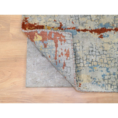 2'6"X5'10" Wool And Silk Abstract Fire Mosaic Design Hand Knotted Rug