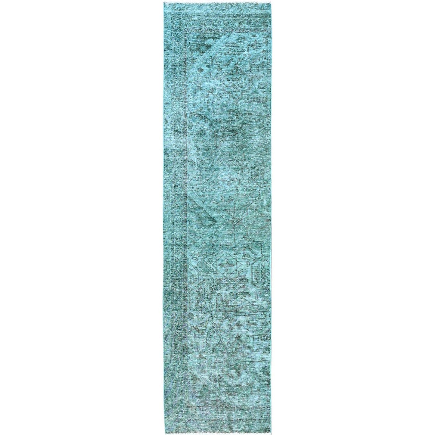 2'4"X10'2" Green Overdyed Vintage Zoroastrian Hand Knotted Wool Runner Rug
