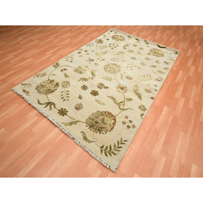 6'X9' Bone White Hand Knotted Botanical Design Wool And Silk Oriental Rug