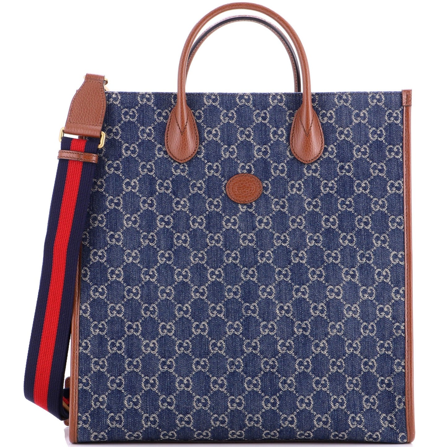 Gucci Interlocking G Patch Web Strap Convertible Tote Gg Denim Tall