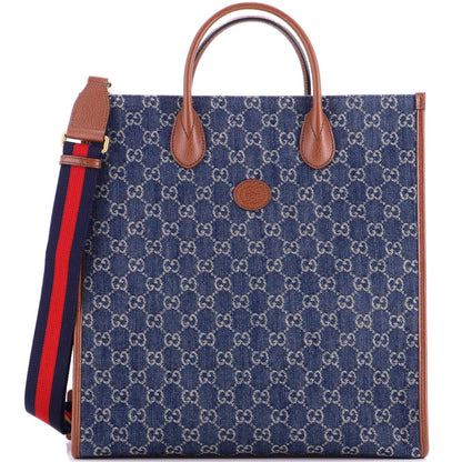 Gucci Interlocking G Patch Web Strap Convertible Tote Gg Denim Tall