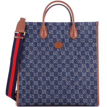 Gucci Interlocking G Patch Web Strap Convertible Tote Gg Denim Tall