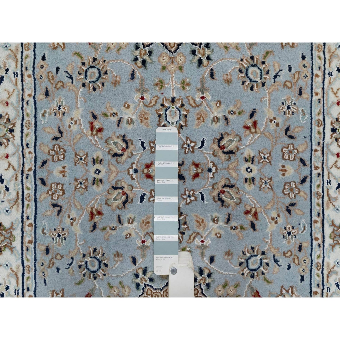 2'8"X12'9" Blue Nain Flower Design Wool And Silk Hand Knotted Runner Rug