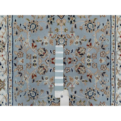 2'8"X12'9" Blue Nain Flower Design Wool And Silk Hand Knotted Runner Rug