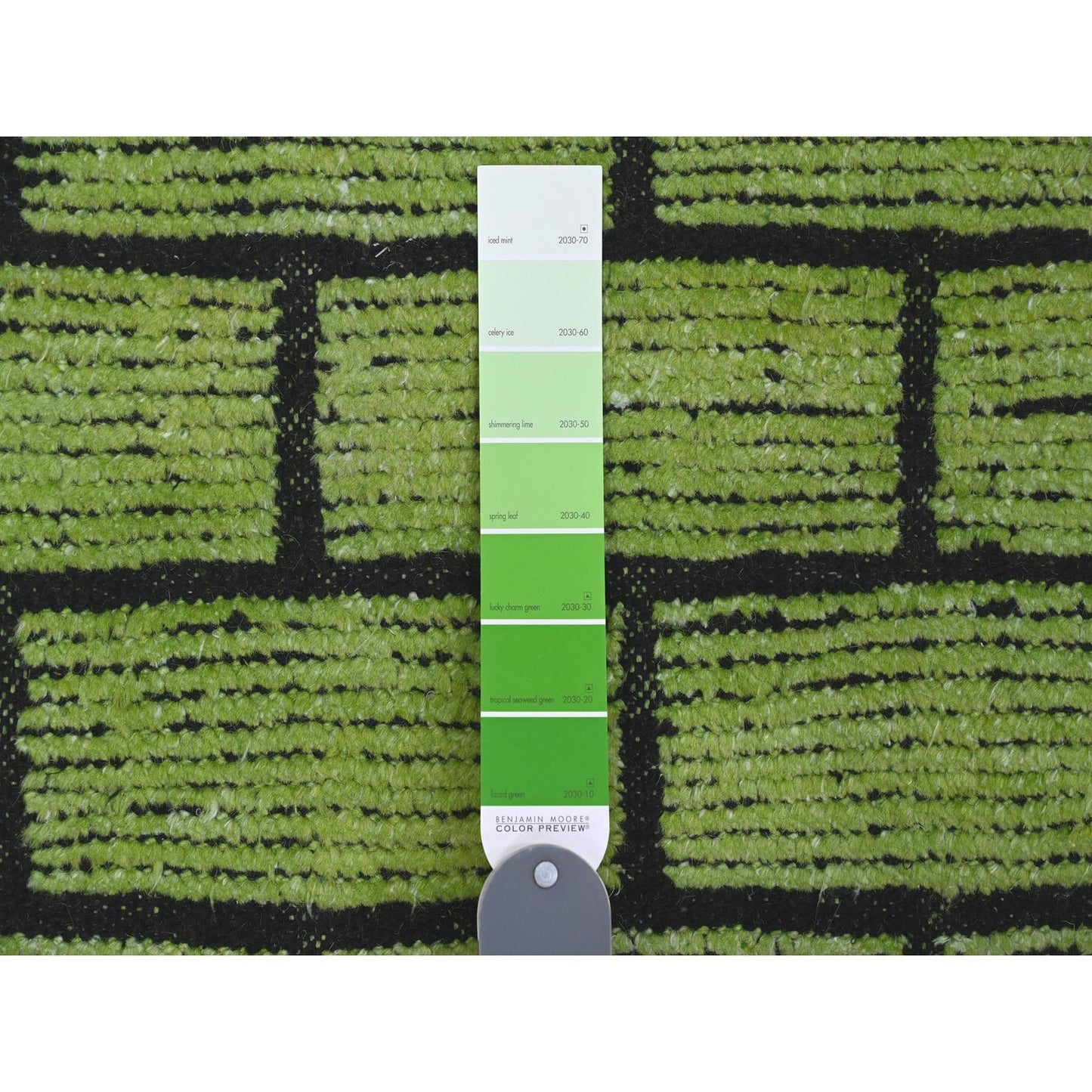 8'2"X10'6" Green Hand Knotted Moroccan Weave Brick Design Pure Wool Rug