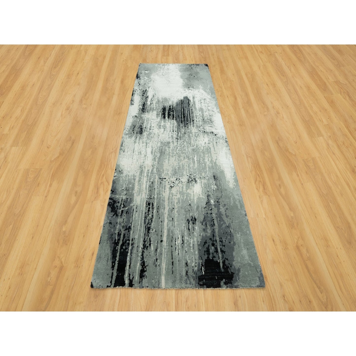 4'X10' Shadow Black Hand Knotted Abstract Wool And Silk Wide Runner Rug
