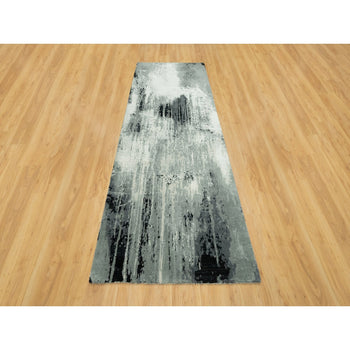4'X10' Shadow Black Hand Knotted Abstract Wool And Silk Wide Runner Rug