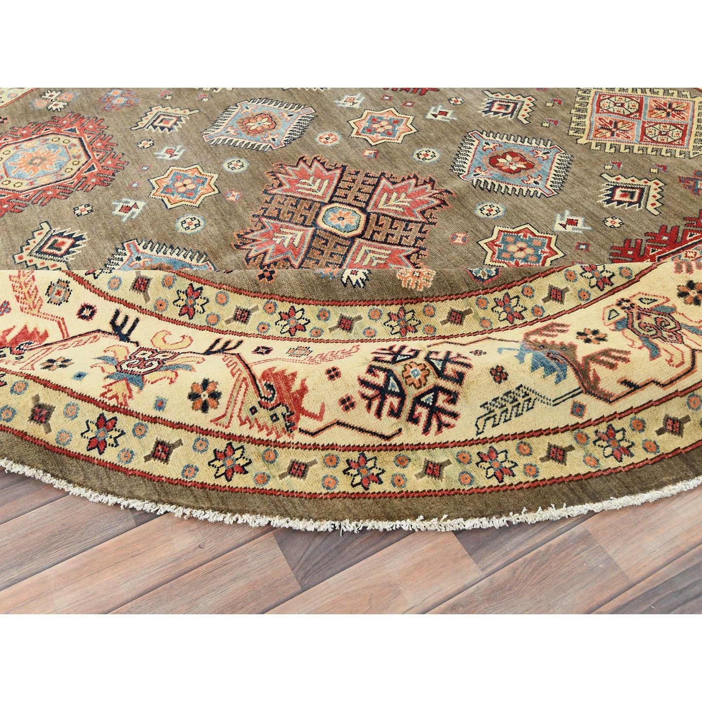 Rug 9'x9' Taupe Brown Special Kazak Pure Wool Hand Knotted Round Oriental