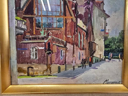 Oil Painting City Street Signed Russian Architecture Manuilov Lviv S.N.