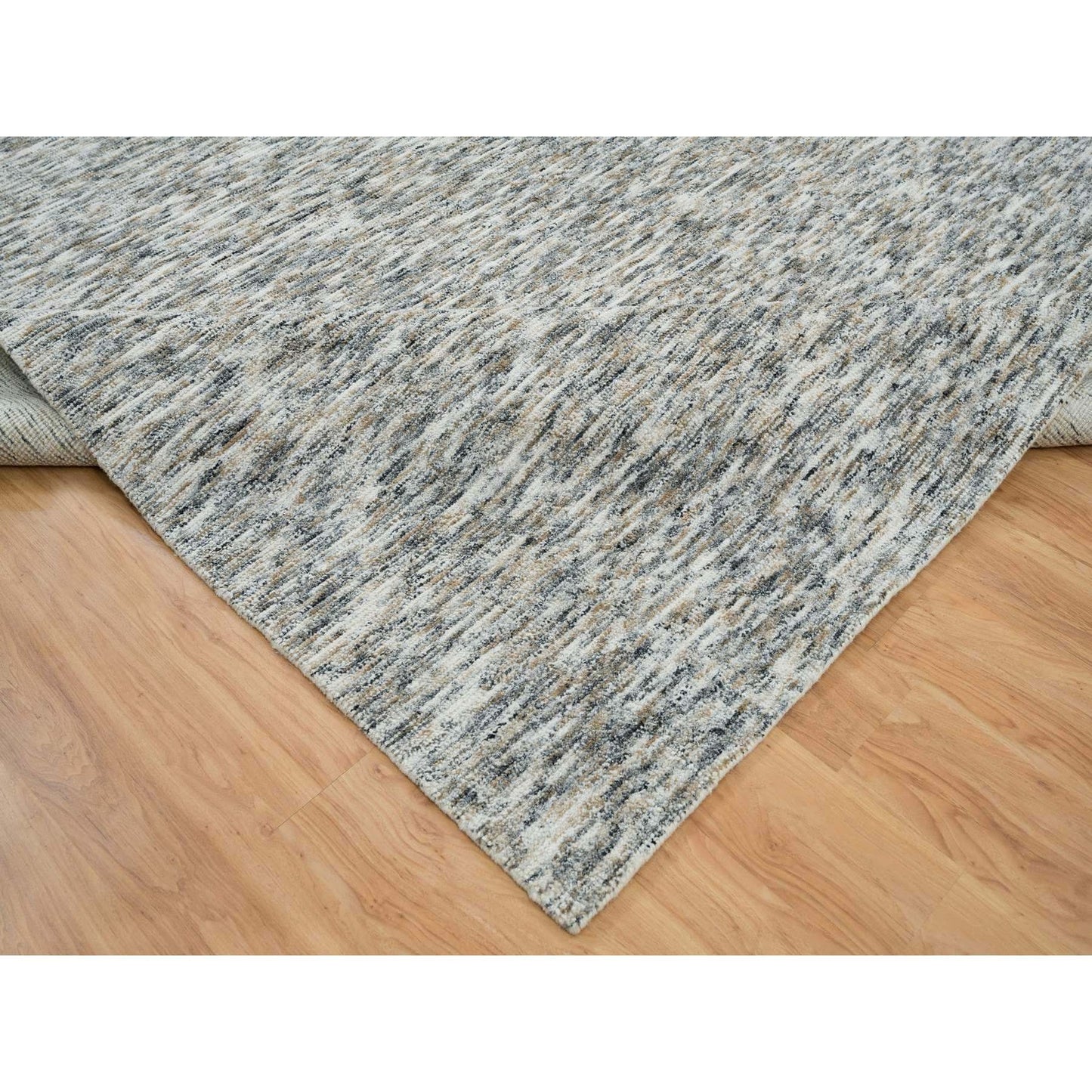 12'2"X15' Beige Modern Striae Design Pure Wool Hand Loomed Oversized Rug